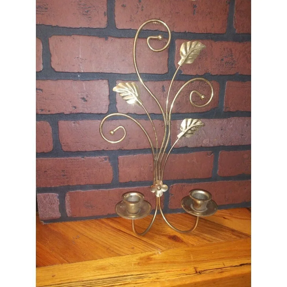 Vtg Homco Brass Sconce candle holder double Leaf & Scroll w/patina Gold tone EUC